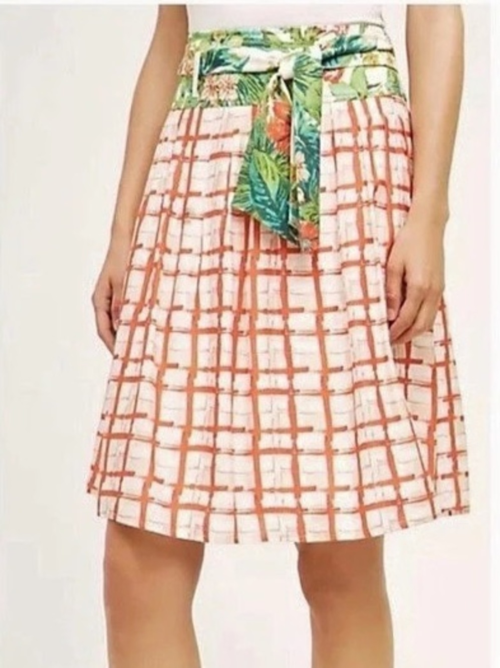 Anthropologie Maeve County Fair Skirt Red Plaid Floral Belt Silk Blend Size 8